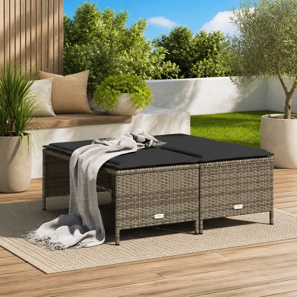 Garden Stools with Cushions Grey 4 Piece Outdoor Foot Rests Poly Rattan Set