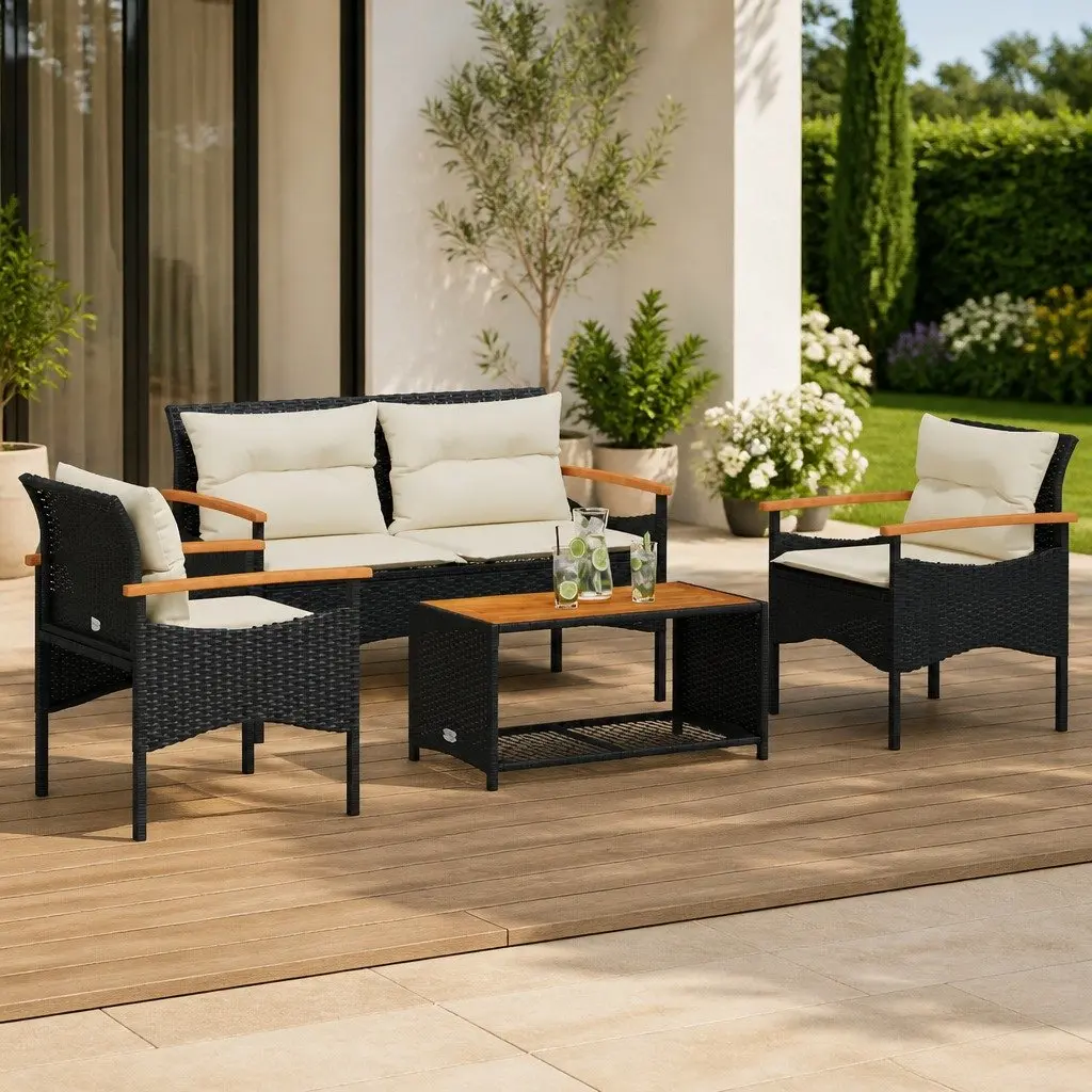 4 Piece Garden Sofa Set with Cushions Black Outdoor Patio Furniture Conversation