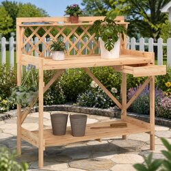 Potting Bench with Trellis Open Shelves Drawer Metal Hooks Garden Plant Stand