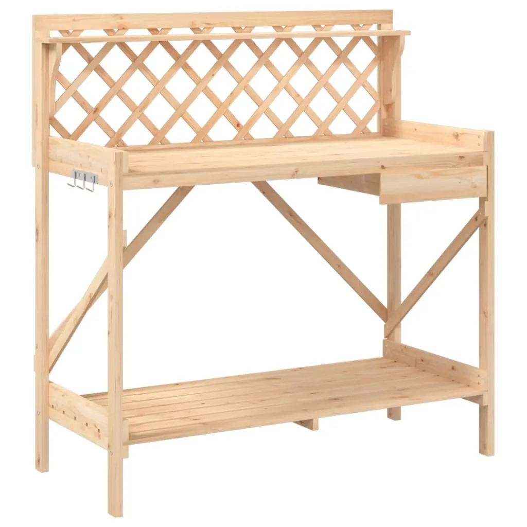 Potting Bench with Trellis Open Shelves Drawer Metal Hooks Garden Plant Stand Brown