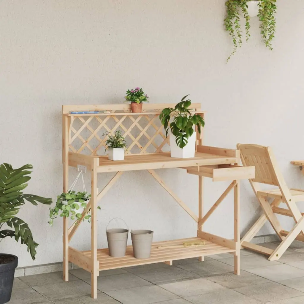 Potting Bench with Trellis Open Shelves Drawer Metal Hooks Garden Plant Stand Brown