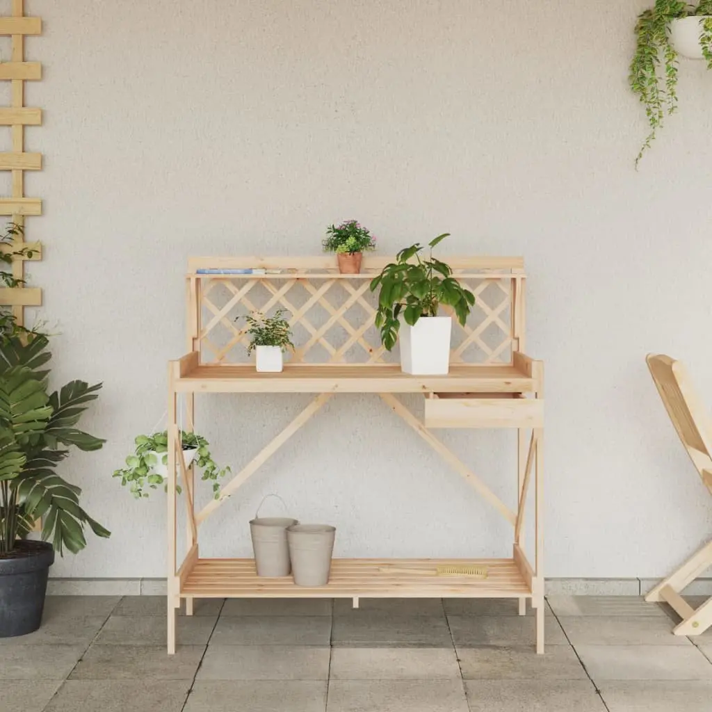 Potting Bench with Trellis Open Shelves Drawer Metal Hooks Garden Plant Stand Brown