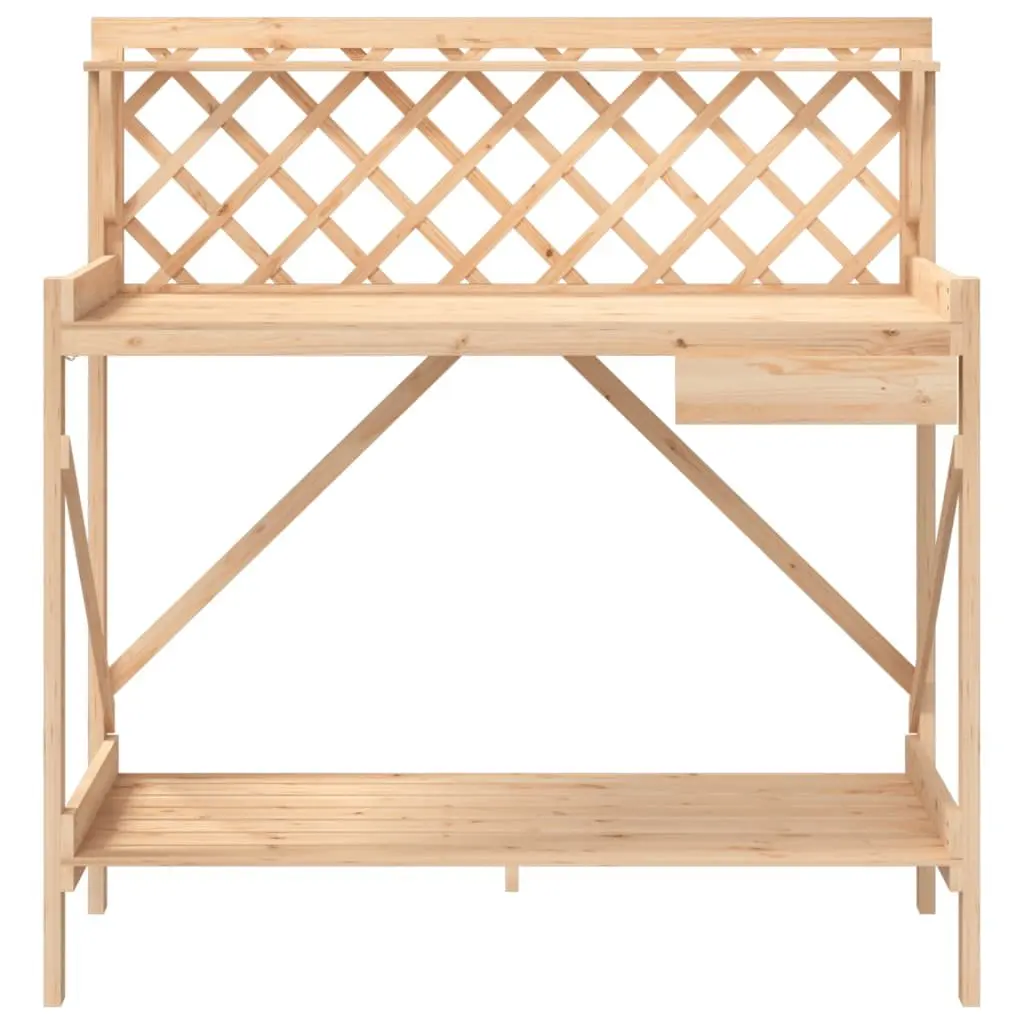 Potting Bench with Trellis Open Shelves Drawer Metal Hooks Garden Plant Stand Brown