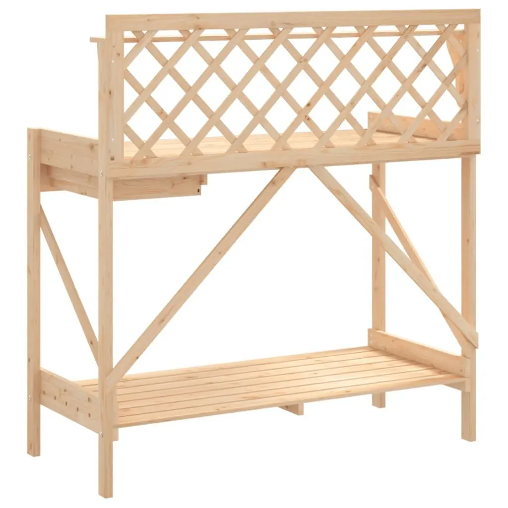 Potting Bench with Trellis Open Shelves Drawer Metal Hooks Garden Plant Stand Brown