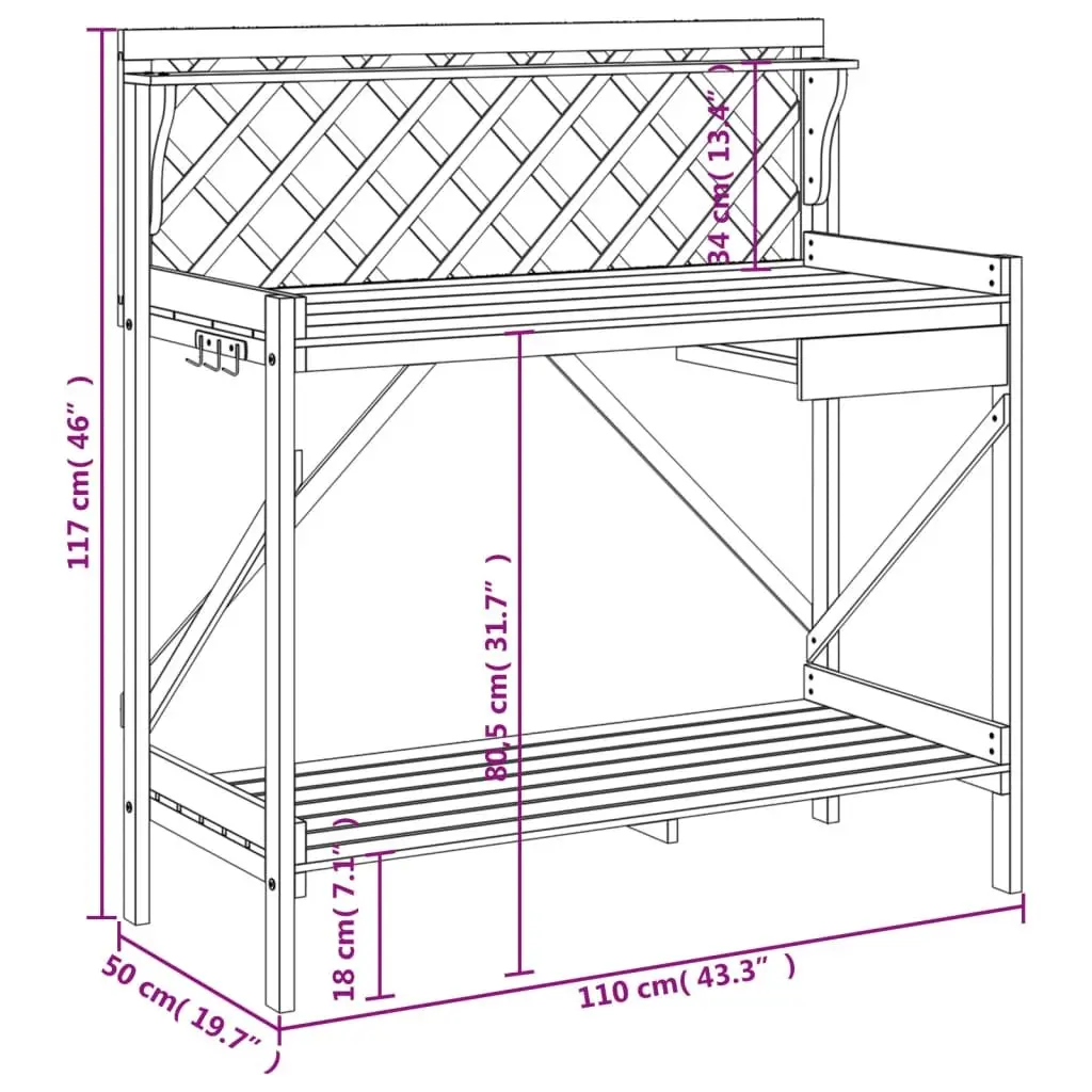 Potting Bench with Trellis Open Shelves Drawer Metal Hooks Garden Plant Stand Brown