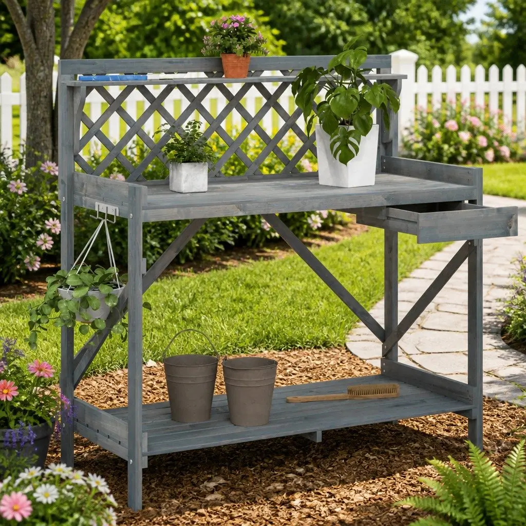 Potting Bench with Trellis Grey Solid Wood Fir Garden Plant Stand