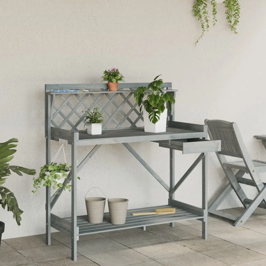 Potting Bench with Trellis Grey Solid Wood Fir Garden Plant Stand