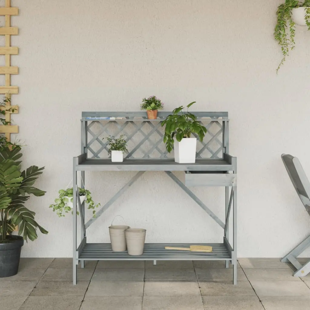 Potting Bench with Trellis Grey Solid Wood Fir Garden Plant Stand