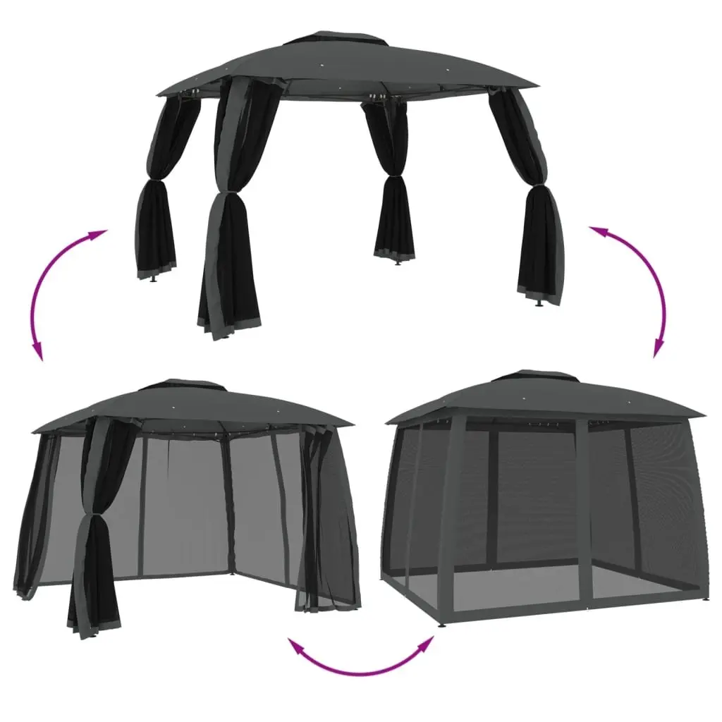 Gazebo Outdoor Canopy Double Roof 2.93 x 2.93m Mesh Walls Anthracite Steel