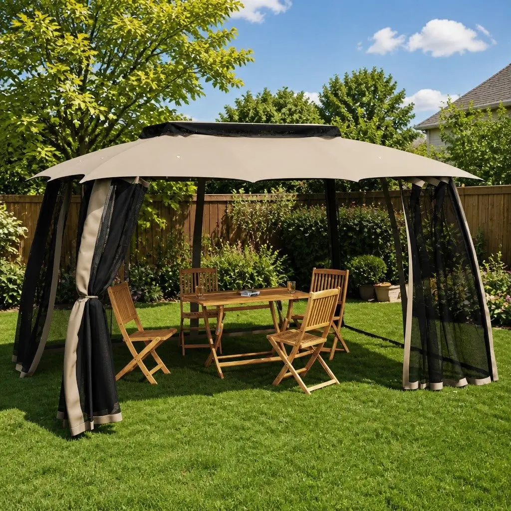 Gazebo Double Roof Mesh Walls Outdoor Taupe 3.93x2.93m Steel Frame