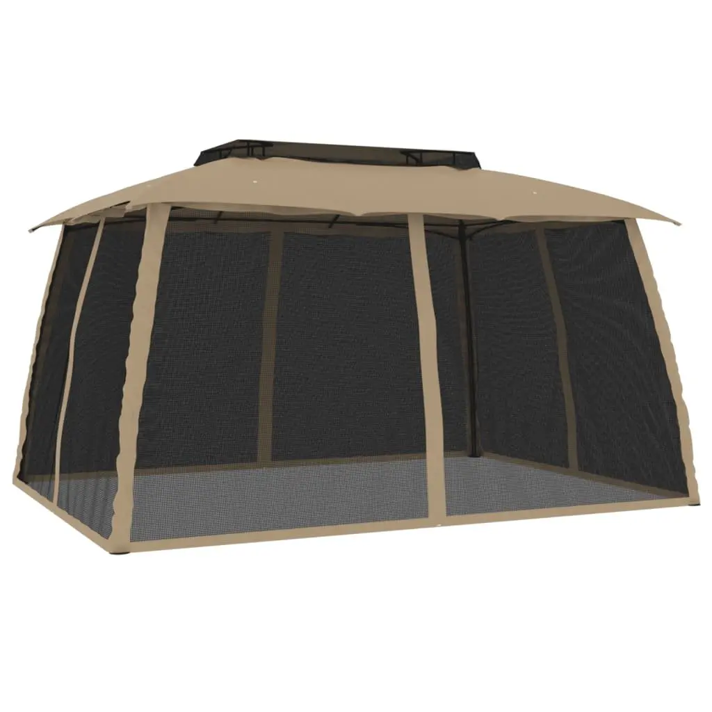 Gazebo Double Roof Mesh Walls Outdoor Taupe 3.93x2.93m Steel Frame