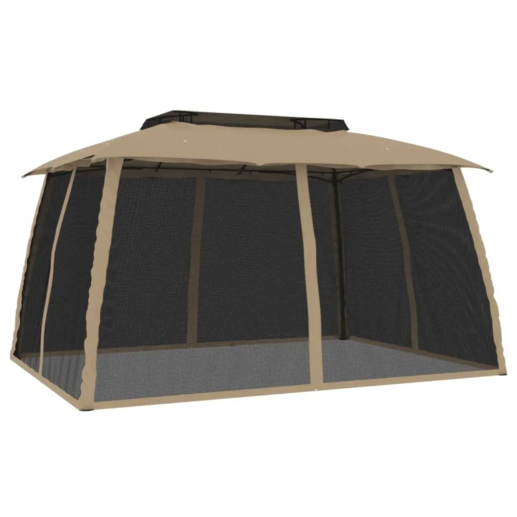 Gazebo Double Roof Mesh Walls Outdoor Taupe 3.93x2.93m Steel Frame