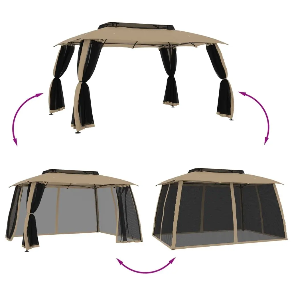 Gazebo Double Roof Mesh Walls Outdoor Taupe 3.93x2.93m Steel Frame