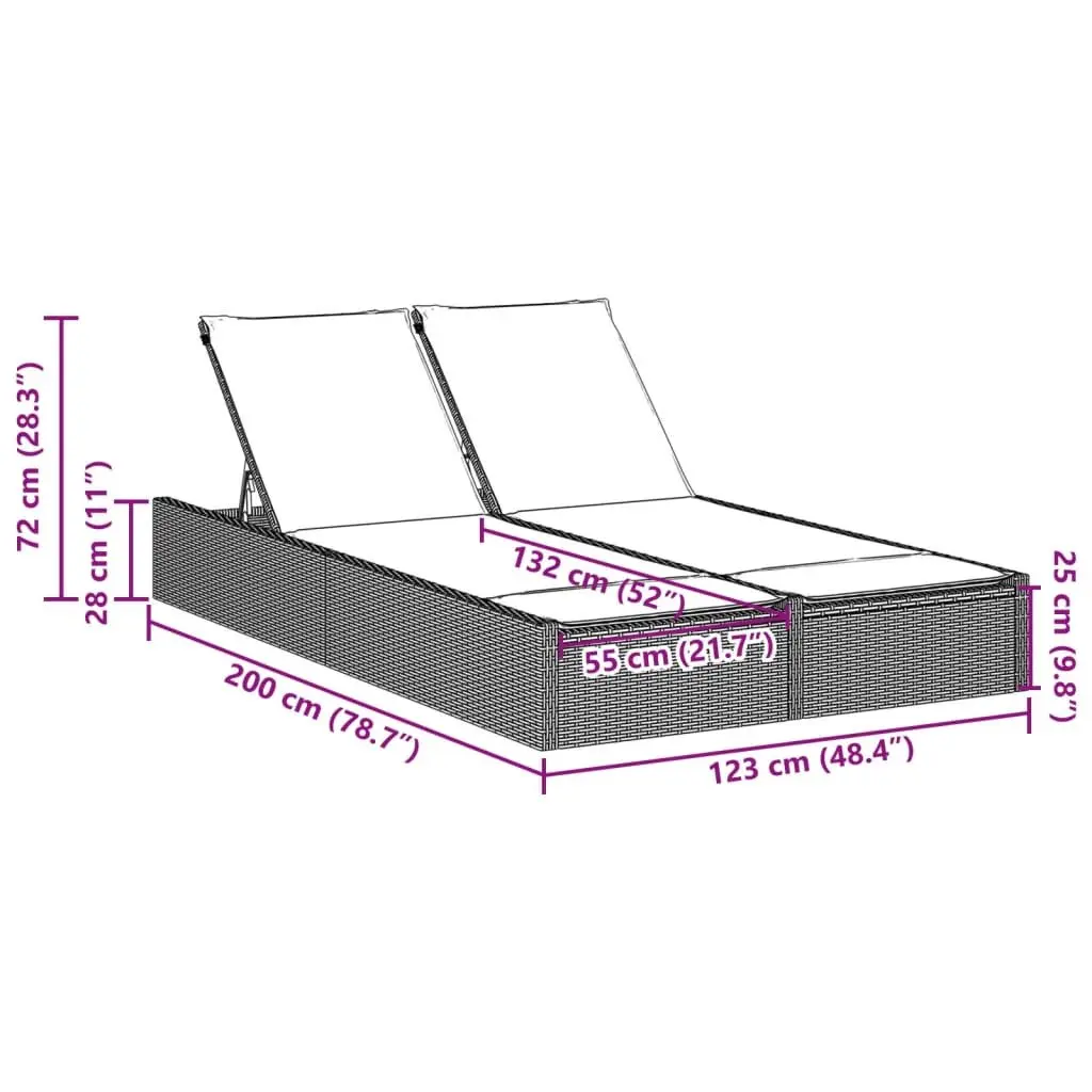 Double Sun Lounger Adjustable Backrest Padded Cushions Black