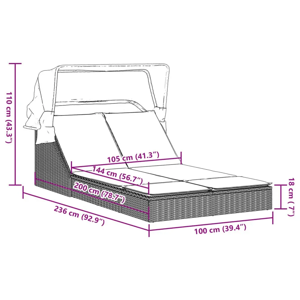 Double Sun Lounger Adjustable Backrest Retractable Canopy Outdoor Seating