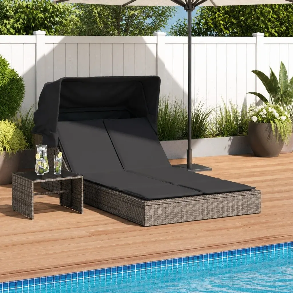 Double Lounger Outdoor Relaxation Adjustable Backrest Retractable Canopy Cushioned Grey