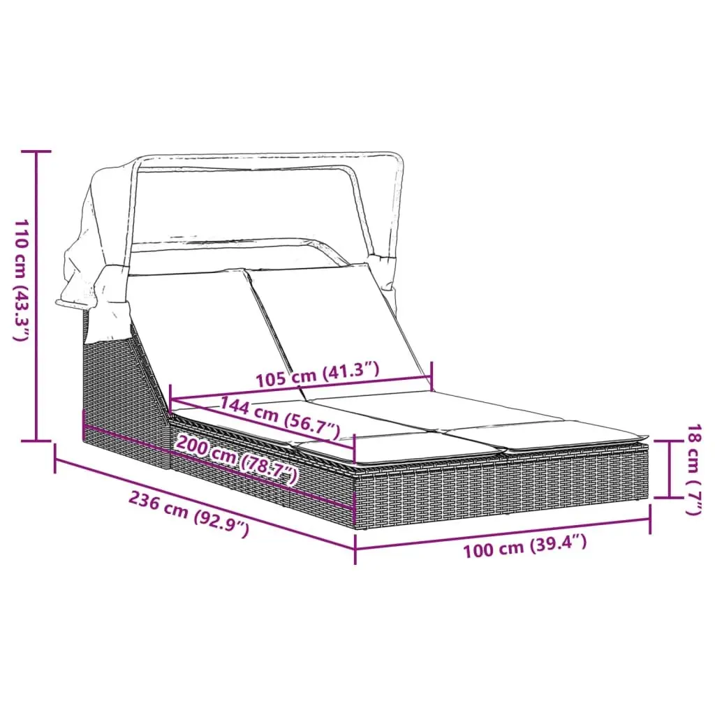 Double Lounger Outdoor Relaxation Adjustable Backrest Retractable Canopy Cushioned Grey