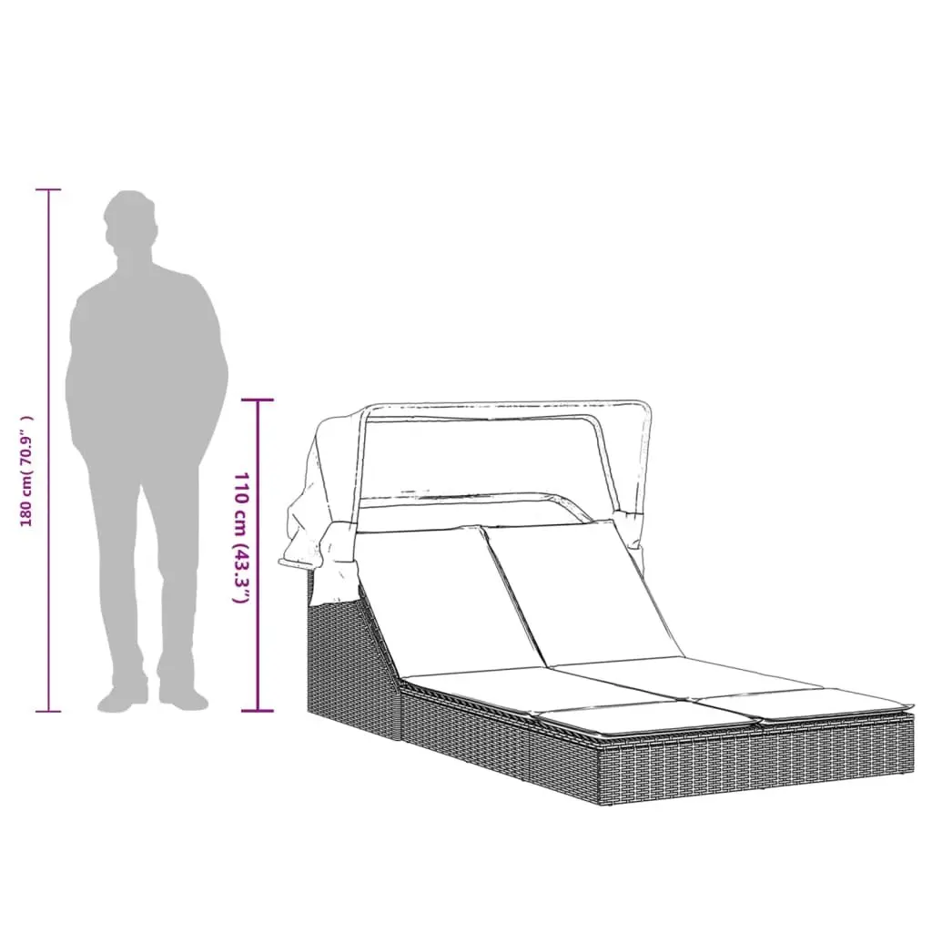 Double Lounger Outdoor Relaxation Adjustable Backrest Retractable Canopy Cushioned Grey