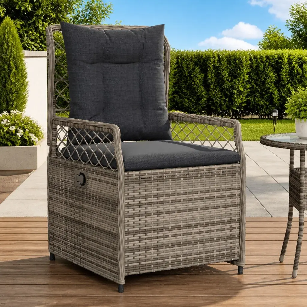 Outdoor Reclining Garden Chairs Adjustable Backrest Cushioned 2 Piece Grey PE Rattan