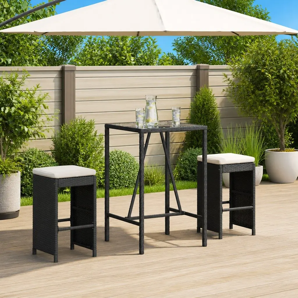 Outdoor Bar Stools Cushioned Black Poly Rattan Set 2 Piece