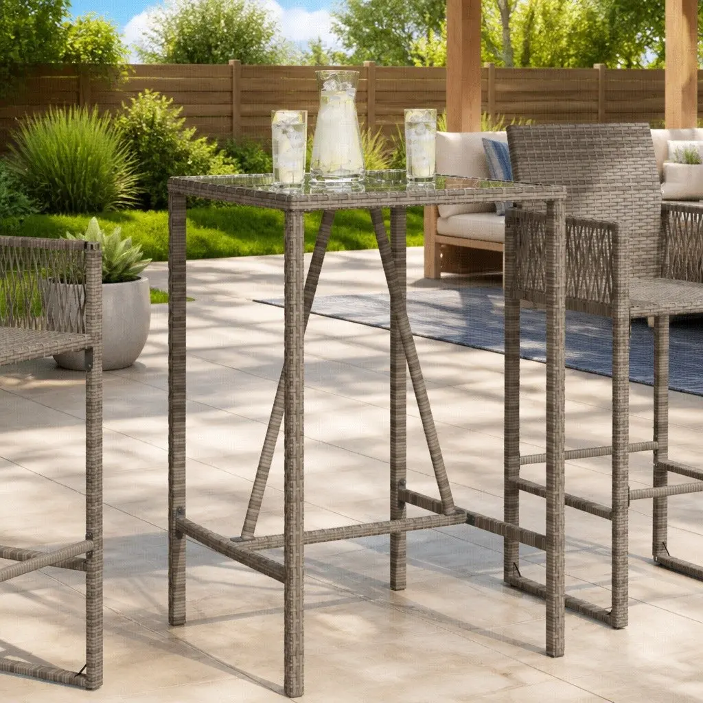 Garden Bar Table Grey Poly Rattan 70 x 70 x 110 cm Tempered Glass Top Powder Coated Steel Frame Outdoor Furniture