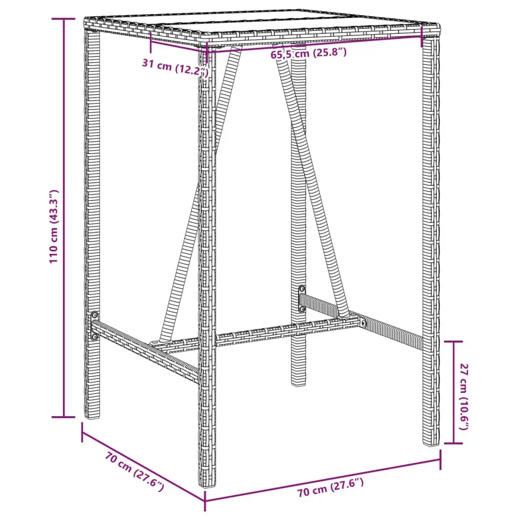 Garden Bar Table Grey Poly Rattan 70 x 70 x 110 cm Tempered Glass Top Powder Coated Steel Frame Outdoor Furniture