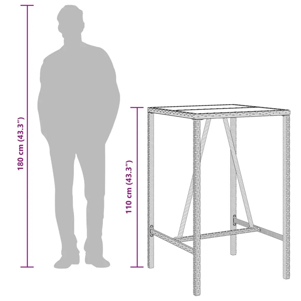 Garden Bar Table Grey Poly Rattan 70 x 70 x 110 cm Tempered Glass Top Powder Coated Steel Frame Outdoor Furniture