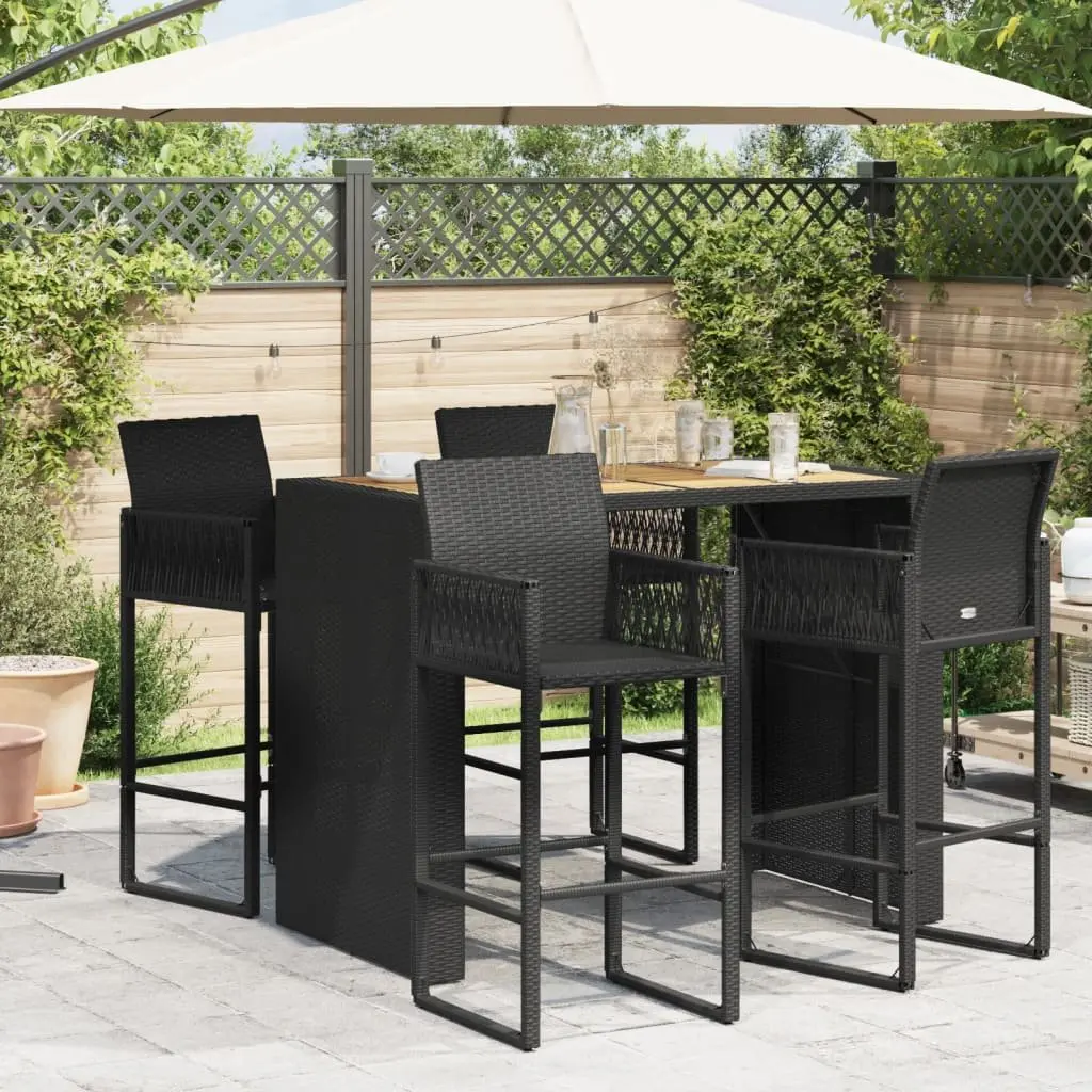 Garden Bar Table Outdoor Furniture Poly Rattan Frame Acacia Wood Top Black 145x80x110cm