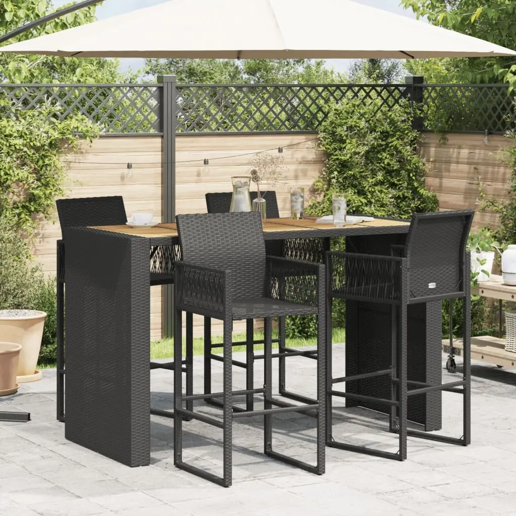 Garden Bar Table Outdoor Furniture Black Poly Rattan Acacia Wood Top 185 x 80 x 110 cm