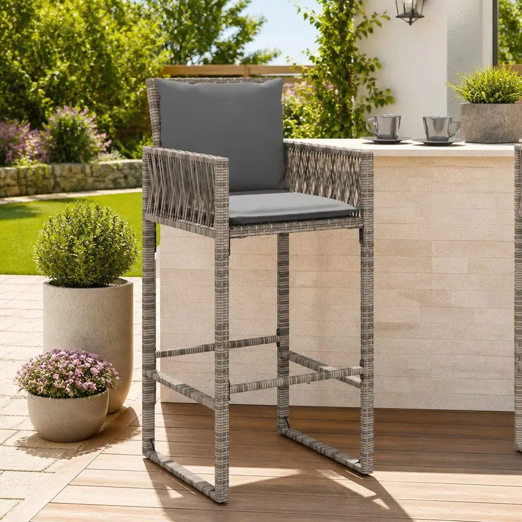 Outdoor Bar Stools with Cushions Grey 2 Piece Poly Rattan Garden Seating