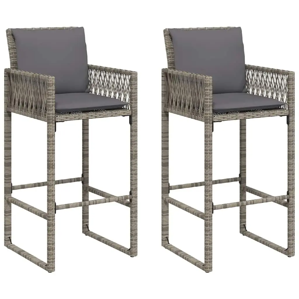 Outdoor Bar Stools with Cushions Grey 2 Piece Poly Rattan Garden Seating