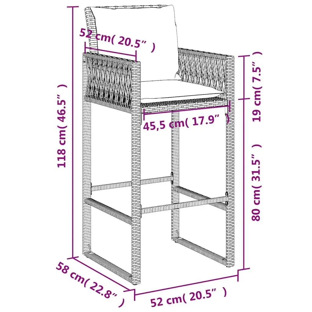 Outdoor Bar Stools with Cushions Grey 2 Piece Poly Rattan Garden Seating