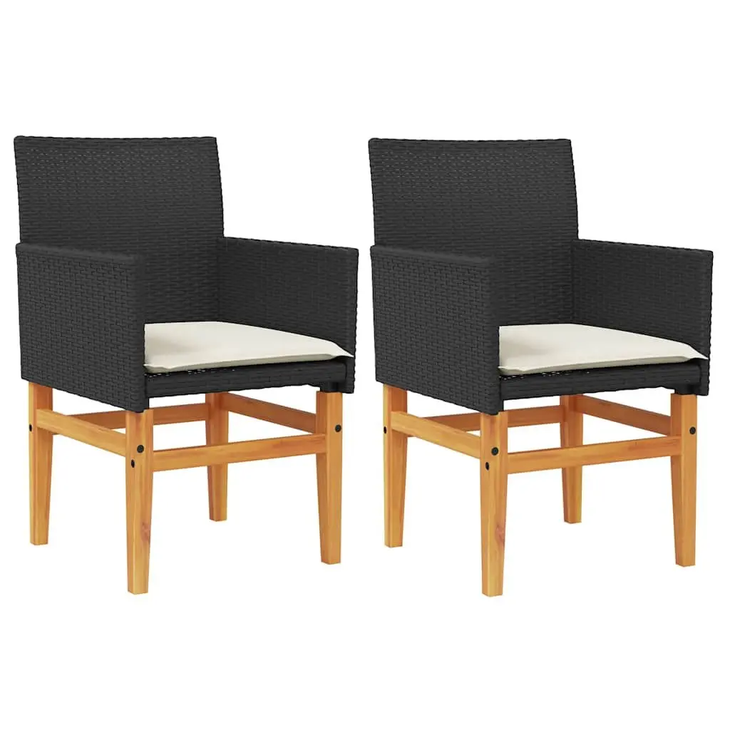 Garden Chairs with Cushions Black Poly Rattan Wood 2 Piece Set