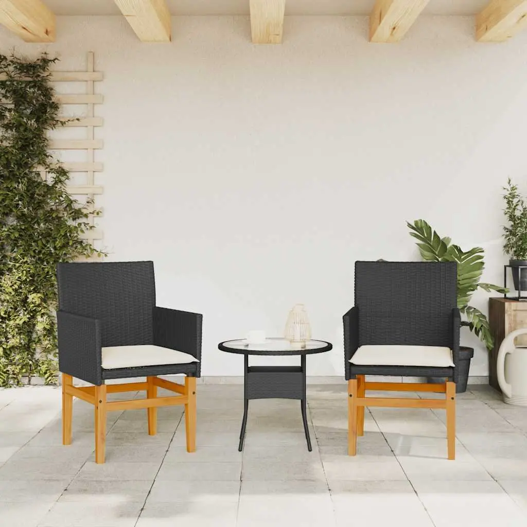 Garden Chairs with Cushions Black Poly Rattan Wood 2 Piece Set
