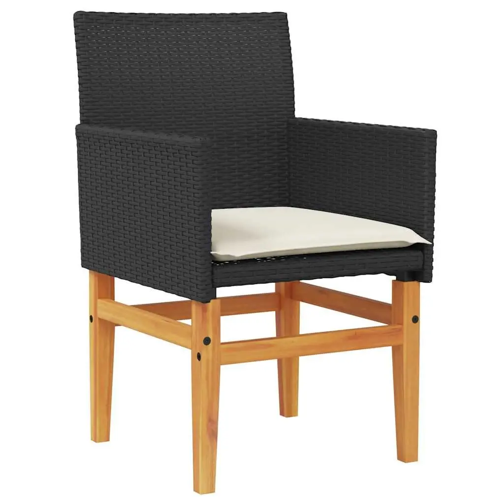 Garden Chairs with Cushions Black Poly Rattan Wood 2 Piece Set