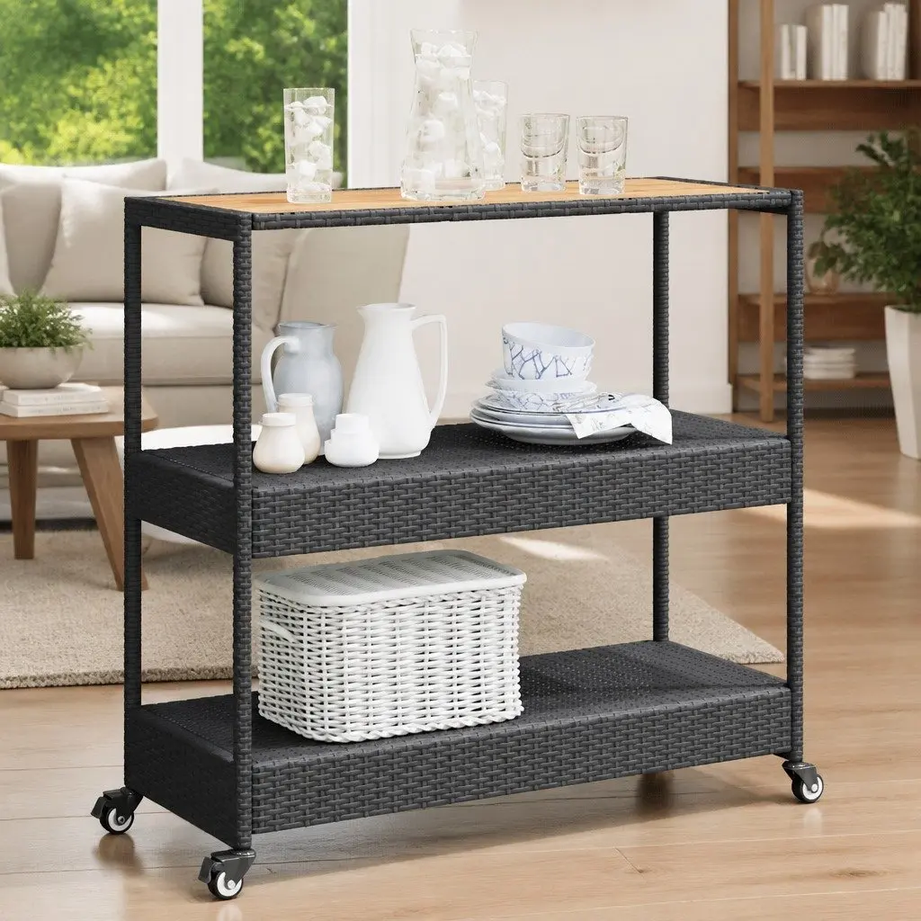 3-Tier Bar Cart Poly Rattan Wooden Top Storage Drinks Serving