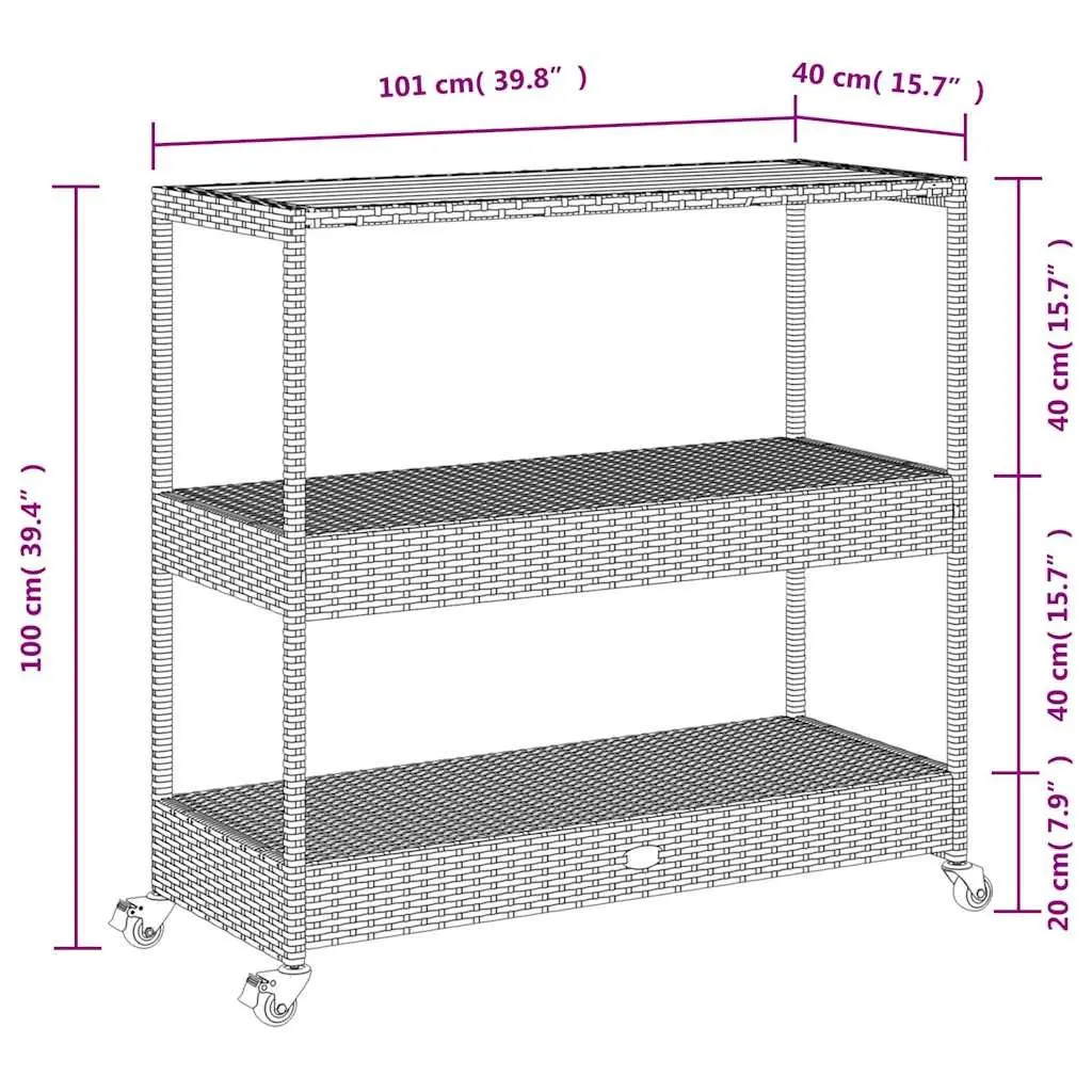 3-Tier Bar Cart Poly Rattan Wooden Top Storage Drinks Serving