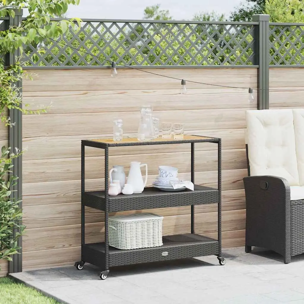 3-Tier Bar Cart Poly Rattan Wooden Top Storage Drinks Serving