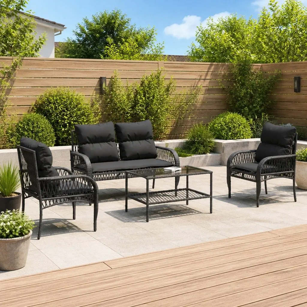 4 Piece Outdoor Garden Sofa Set Black Poly Rattan Lounge with Cushions and Tempered Glass Table Top