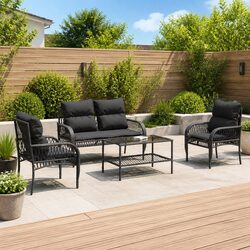 4 Piece Outdoor Garden Sofa Set Black Poly Rattan Lounge Patio Furniture with