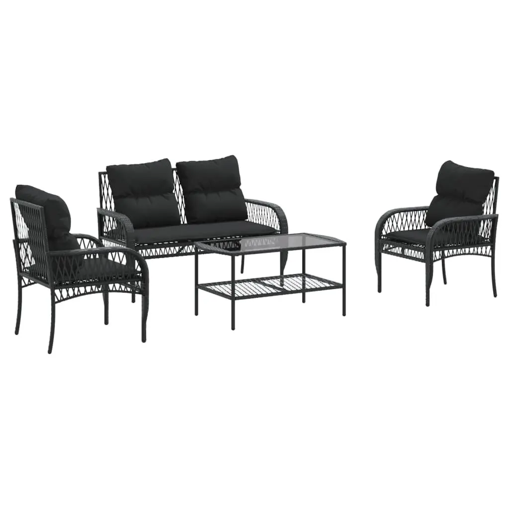 4 Piece Outdoor Garden Sofa Set Black Poly Rattan Lounge with Cushions and Tempered Glass Table Top