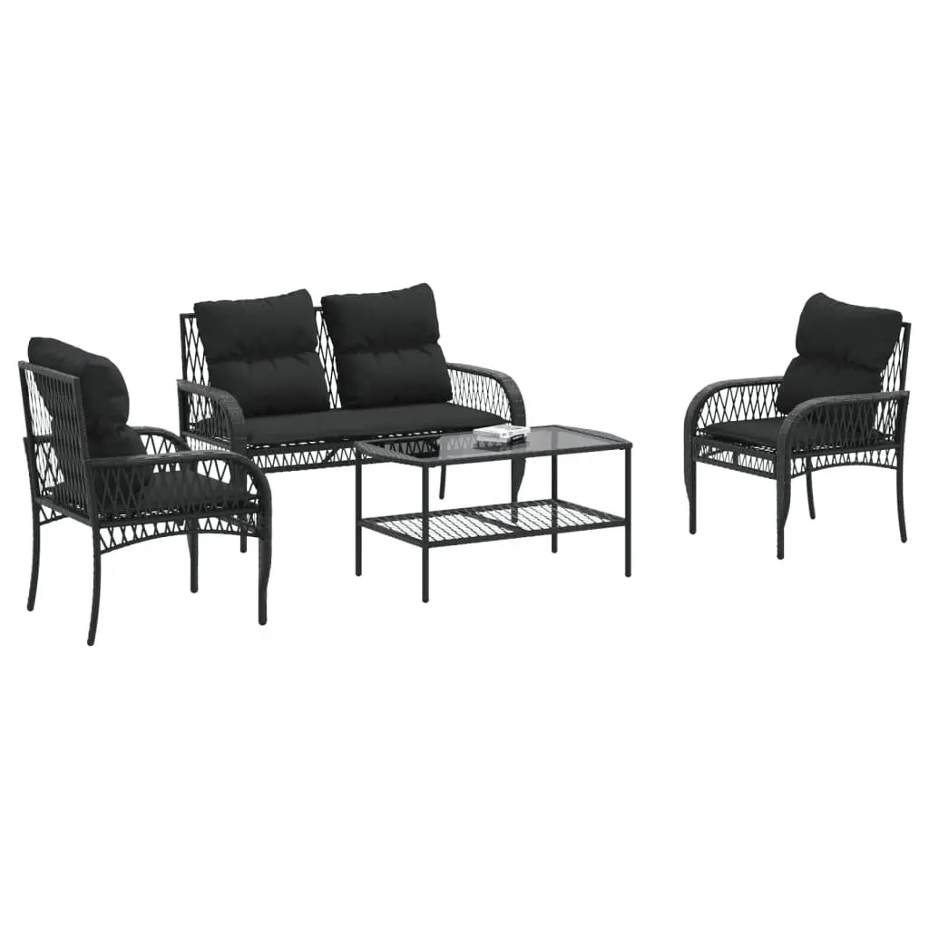 4 Piece Outdoor Garden Sofa Set Black Poly Rattan Lounge with Cushions and Tempered Glass Table Top