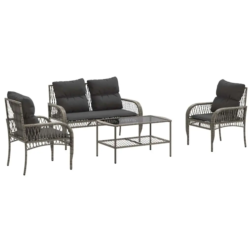 Grey Outdoor Furniture Set 4 Piece Poly Rattan Garden Sofa with Cushions and Tempered Glass Table