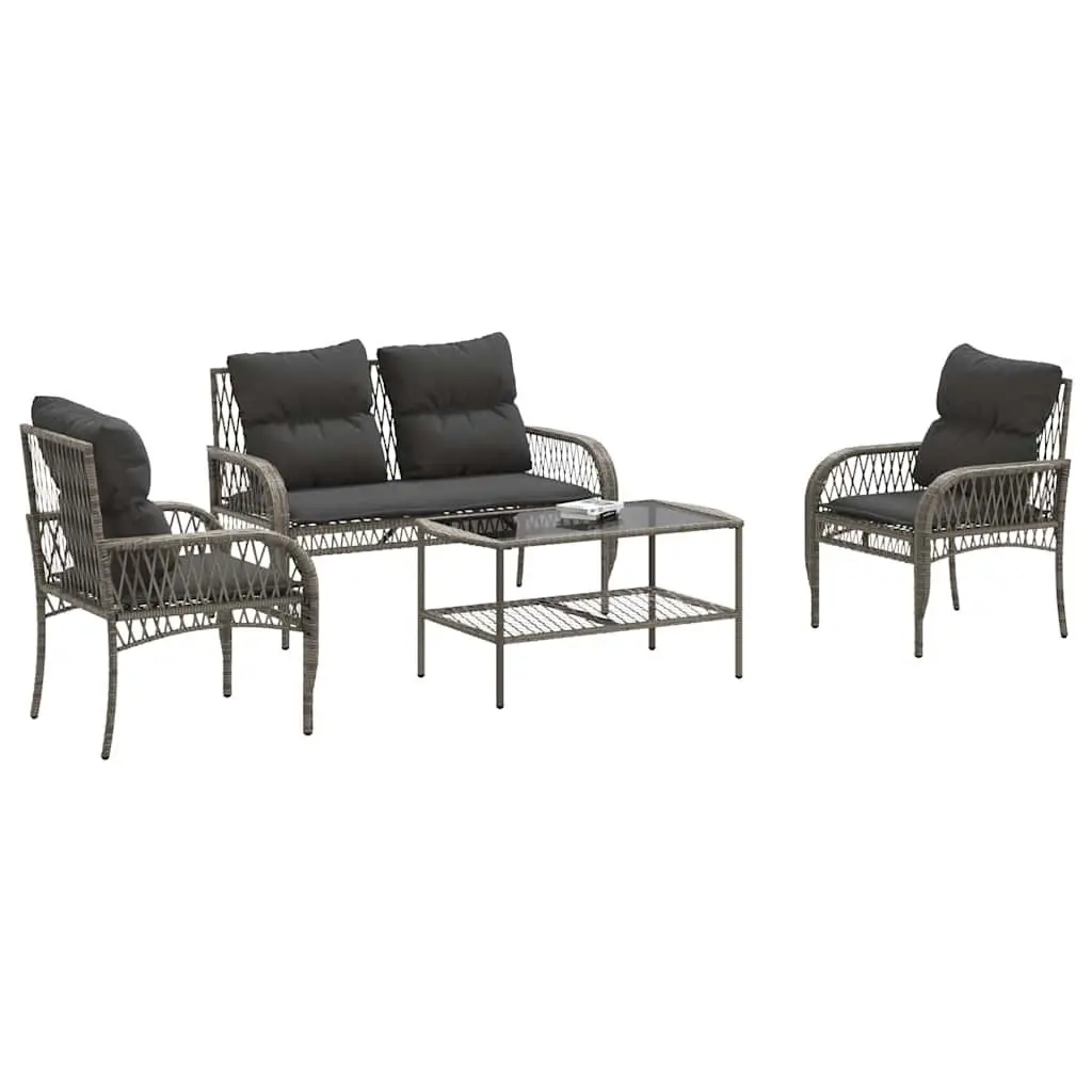 Grey Outdoor Furniture Set 4 Piece Poly Rattan Garden Sofa with Cushions and Tempered Glass Table