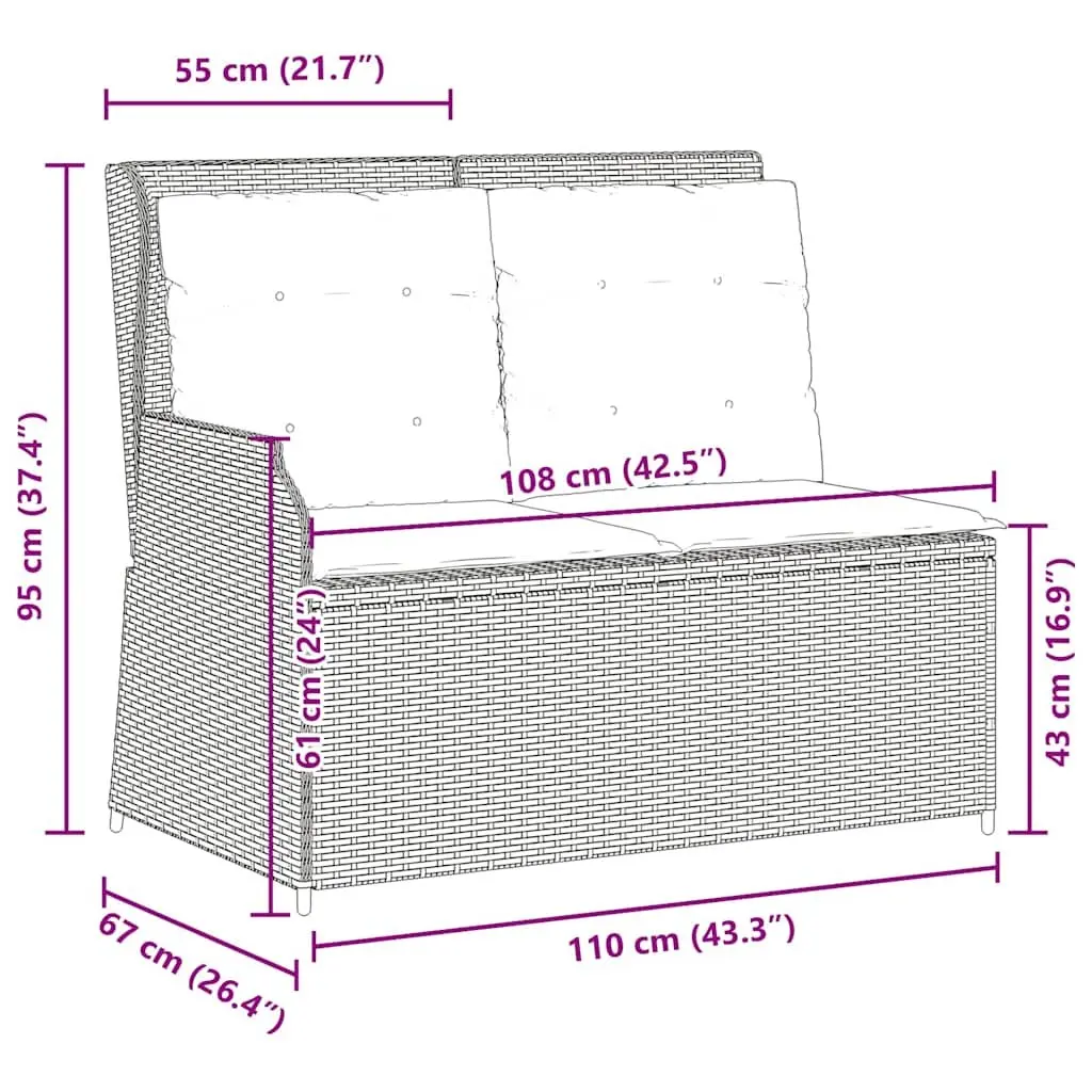 Reclining Garden Bench Outdoor Seating with Padded Cushions Adjustable Backrest