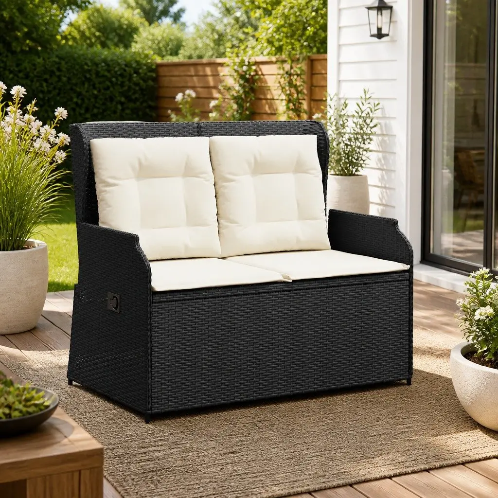 Reclining Garden Bench Adjustable Backrest with Cushions Black