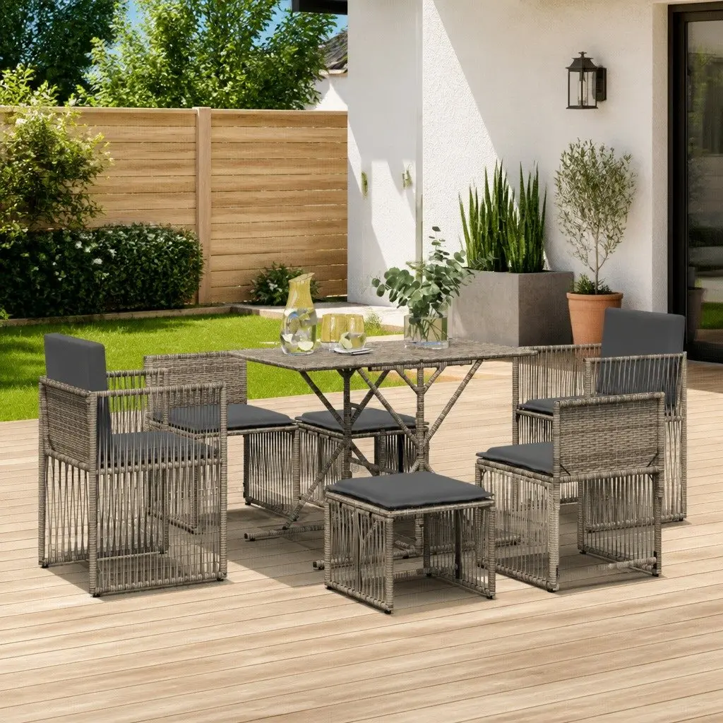 7 Piece Garden Dining Set Grey Poly Rattan Outdoor Furniture with Cushions