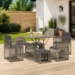 7 Piece Garden Dining Set with Cushions Grey Poly Rattan Outdoor Furniture