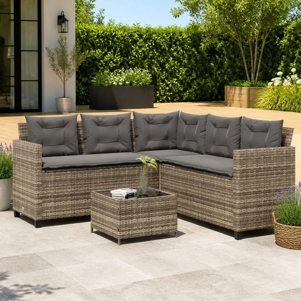 L-Shaped Garden Sofa Set Grey Poly Rattan Outdoor Patio Furniture with Table