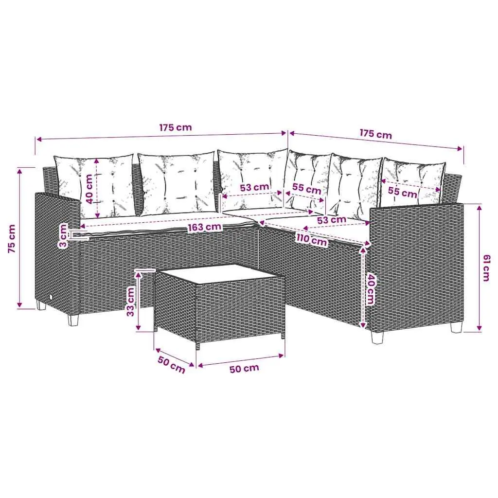 L-Shaped Garden Sofa Set Grey Poly Rattan Outdoor Patio Furniture with Table